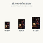 Portrait size guide for the obsidian hourglass and ivory rose design: 20 × 30, 30 × 40, and 40 × 50 cm