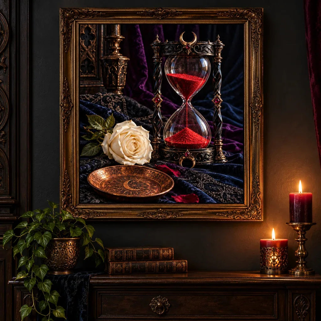 Framed obsidian hourglass and ivory rose diamond painting displayed in a dark interior