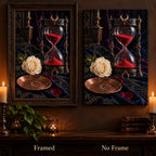 Framed and no-frame comparison for the obsidian hourglass and ivory rose design