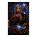 Original design of a silver-haired oracle holding an obsidian pendulum above a moonlit mirror beneath a Gothic arch.