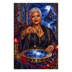 Finished diamond painting of a silver-haired oracle with an obsidian pendulum over a moonlit mirror on a white background.
