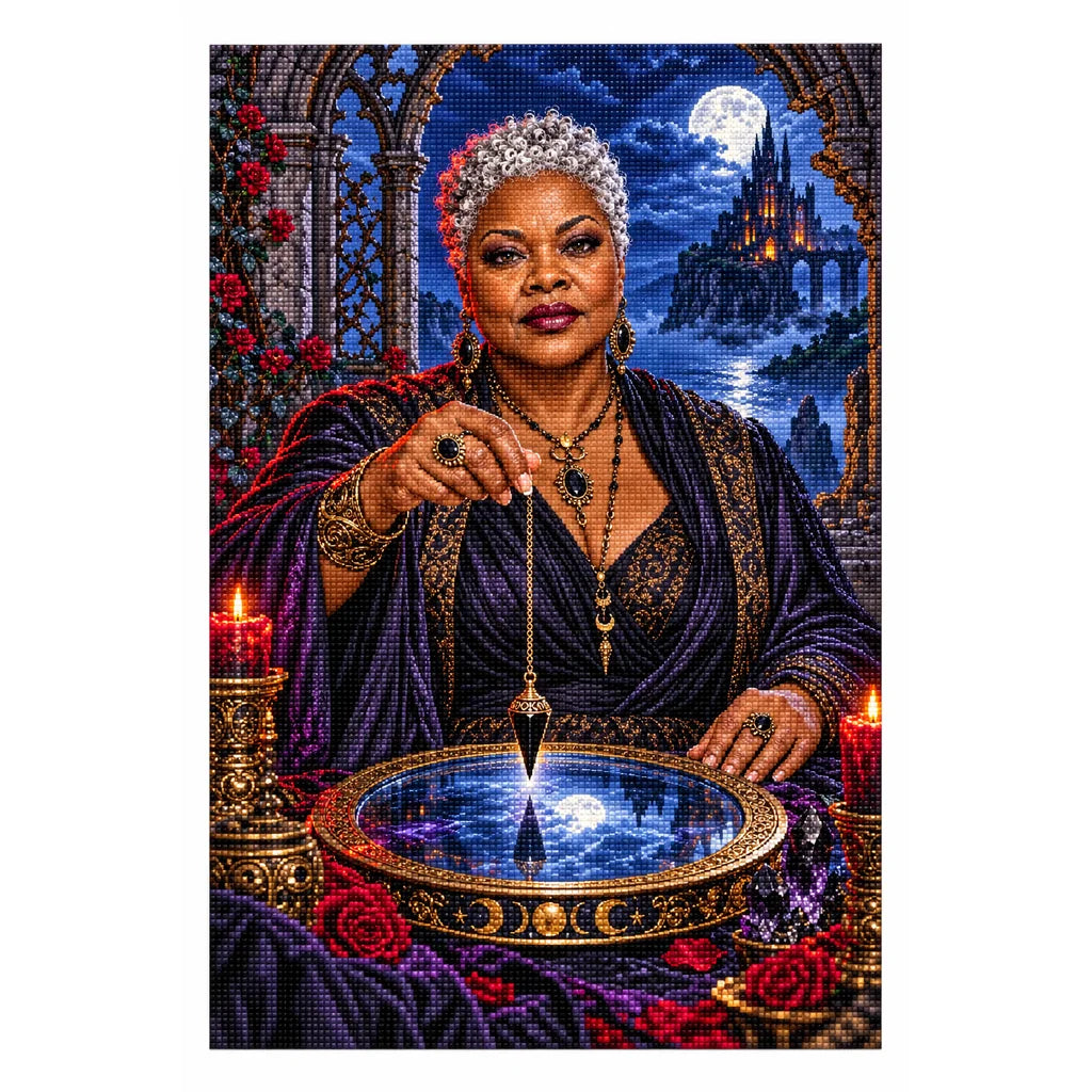 Finished diamond painting of a silver-haired oracle with an obsidian pendulum over a moonlit mirror on a white background.