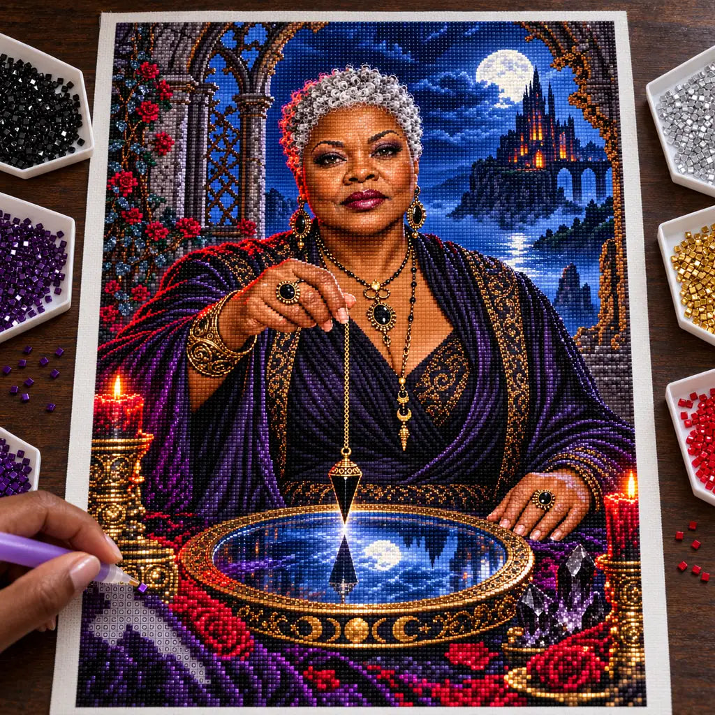 Hands placing drills on the obsidian pendulum oracle diamond painting canvas.