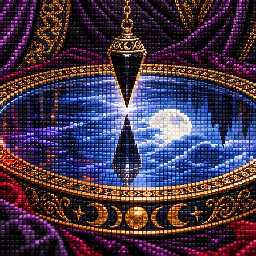 Close-up of the obsidian pendulum and moonlit divination mirror rendered in diamond drills.