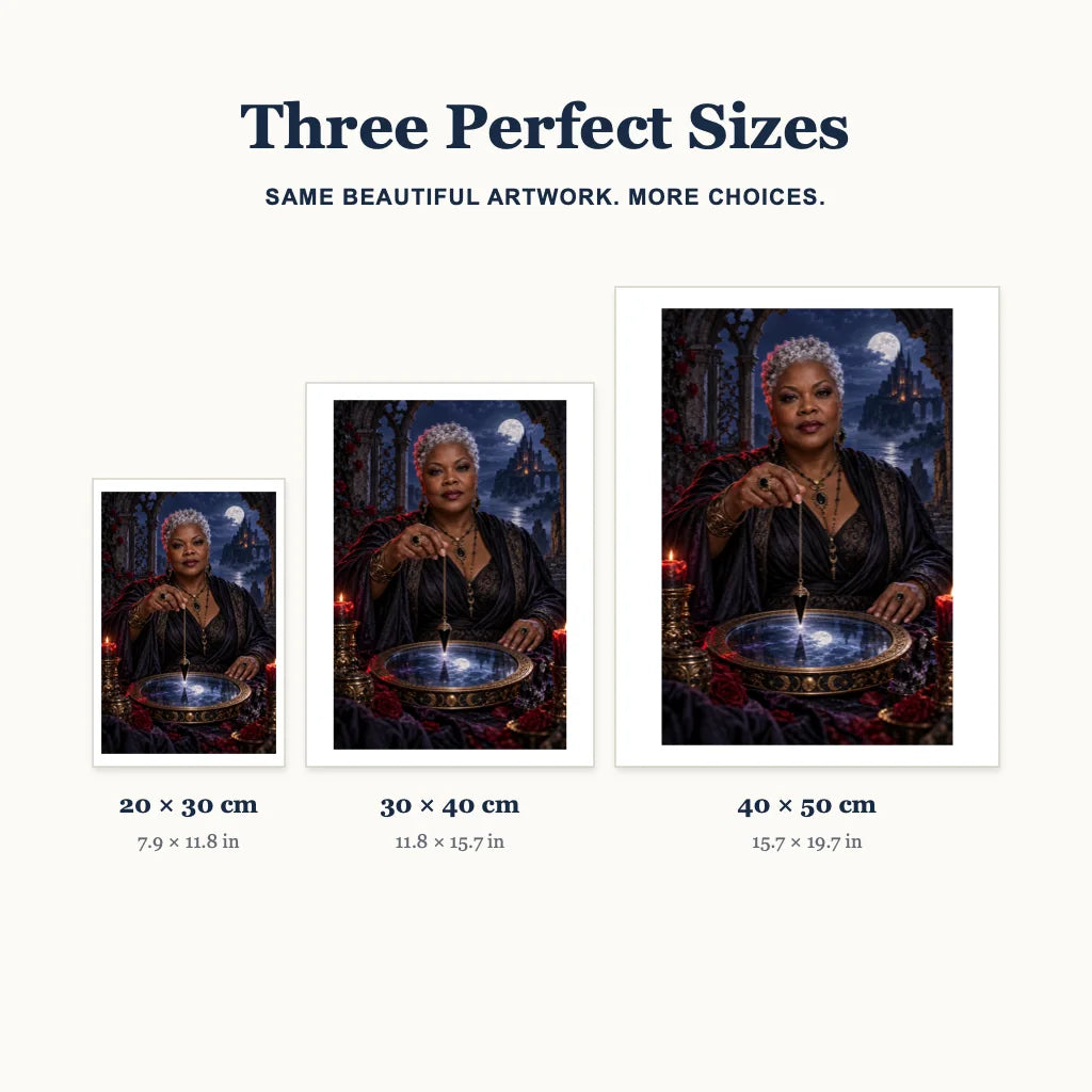 Obsidian pendulum oracle diamond painting size guide for 20 × 30, 30 × 40, and 40 × 50 cm.