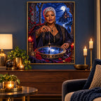 Framed obsidian pendulum oracle diamond painting displayed on a wall in a candlelit room.