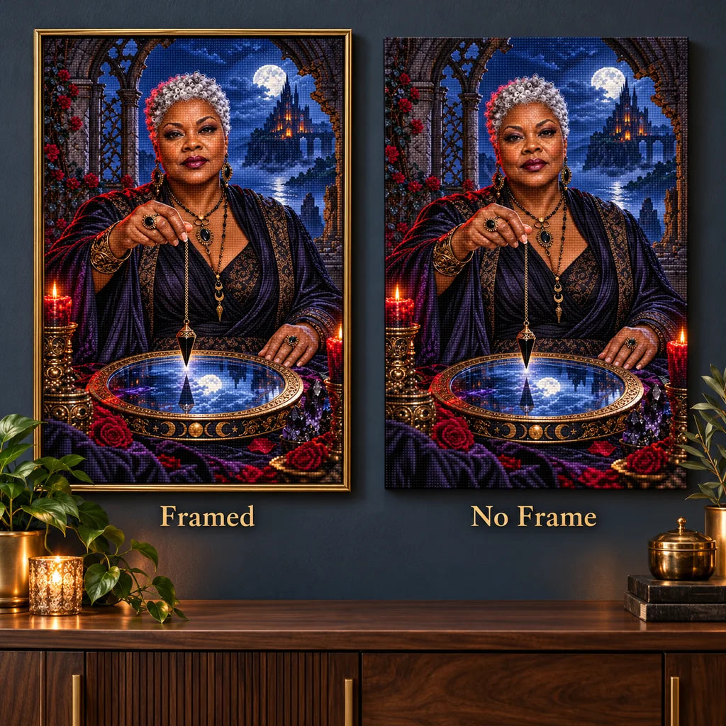 Obsidian pendulum oracle diamond painting shown in framed and no-frame styles.