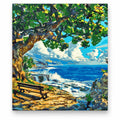 Ocean Bench under Green Tree paint by numbers artwork on a front-facing canvas against a white background