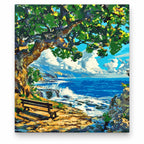 Ocean Bench under Green Tree paint by numbers artwork on a front-facing canvas against a white background