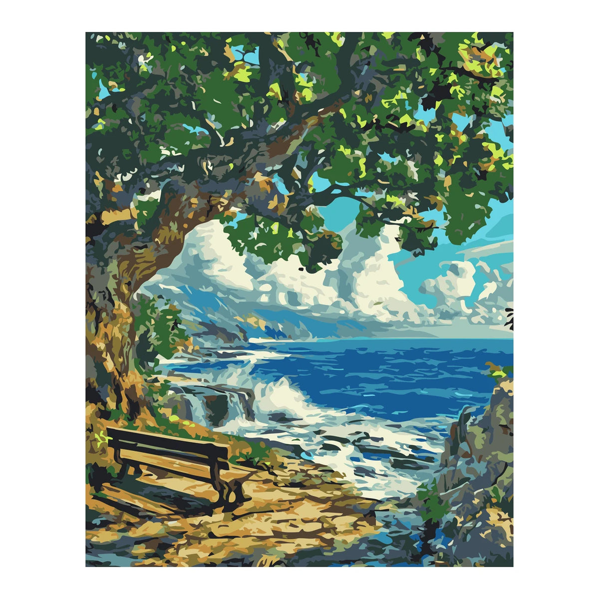 Ocean Bench under Green Tree completed artwork on a clean white background