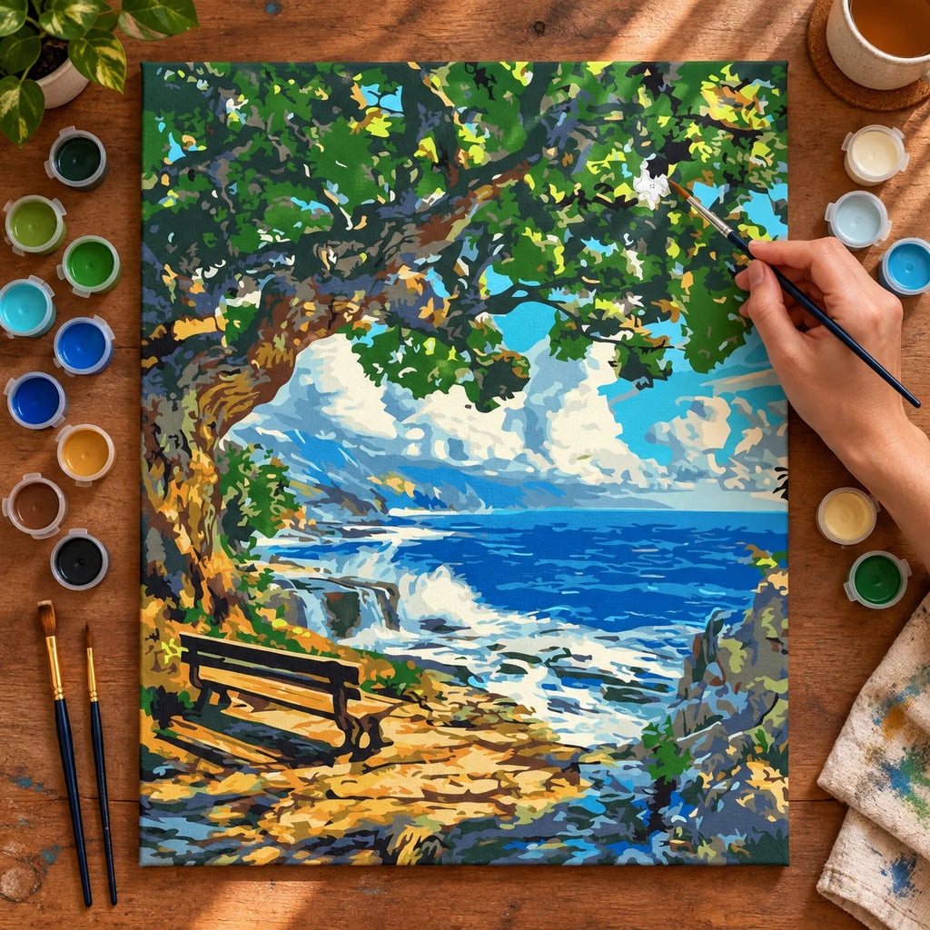 Complete Ocean Bench under Green Tree numbered canvas being painted with acrylic paints and brushes