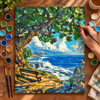 Complete Ocean Bench under Green Tree numbered canvas being painted with acrylic paints and brushes