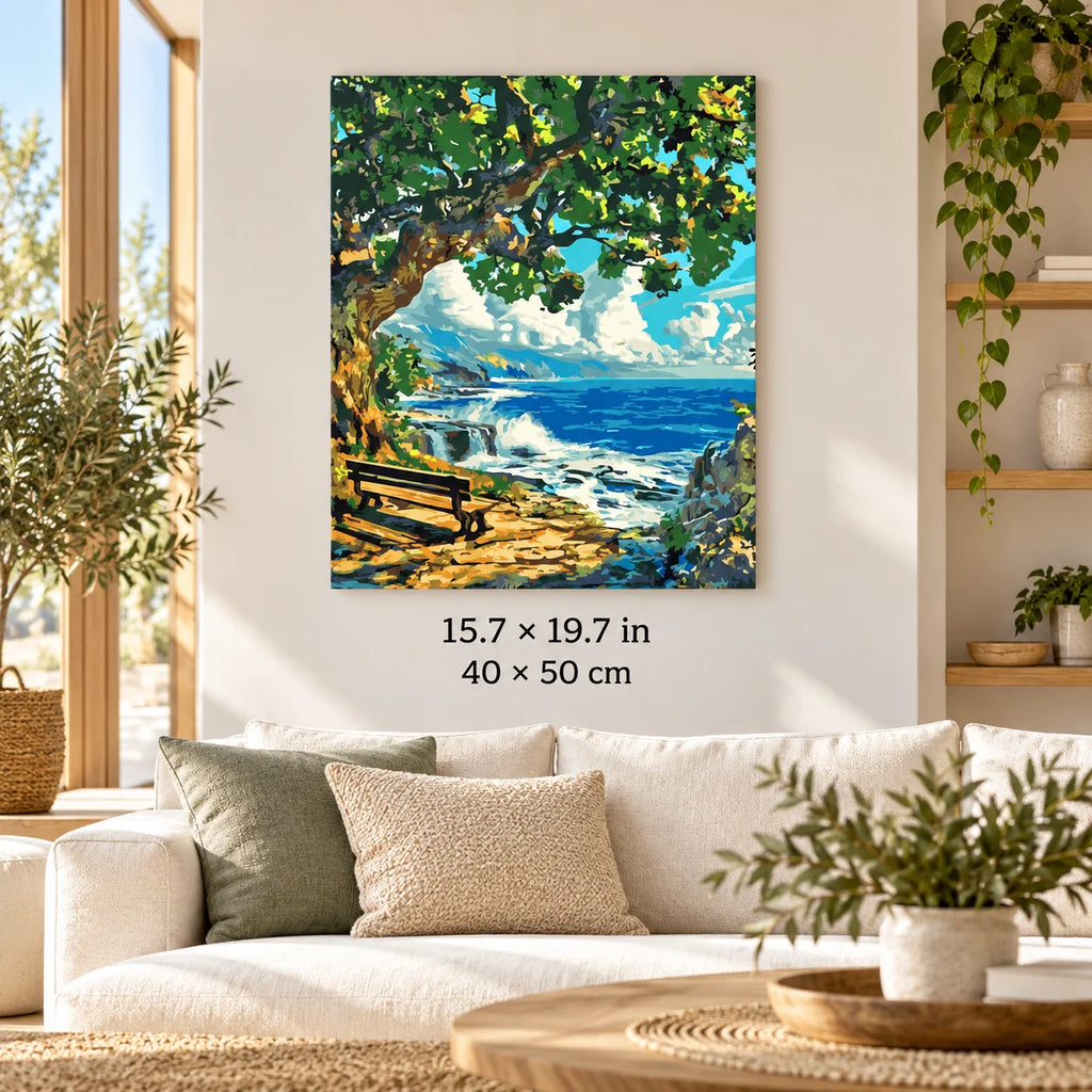 Ocean Bench under Green Tree shown in a styled room with 15.7 × 19.7 in and 40 × 50 cm dimensions