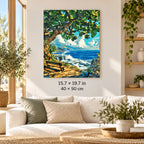 Ocean Bench under Green Tree shown in a styled room with 15.7 × 19.7 in and 40 × 50 cm dimensions