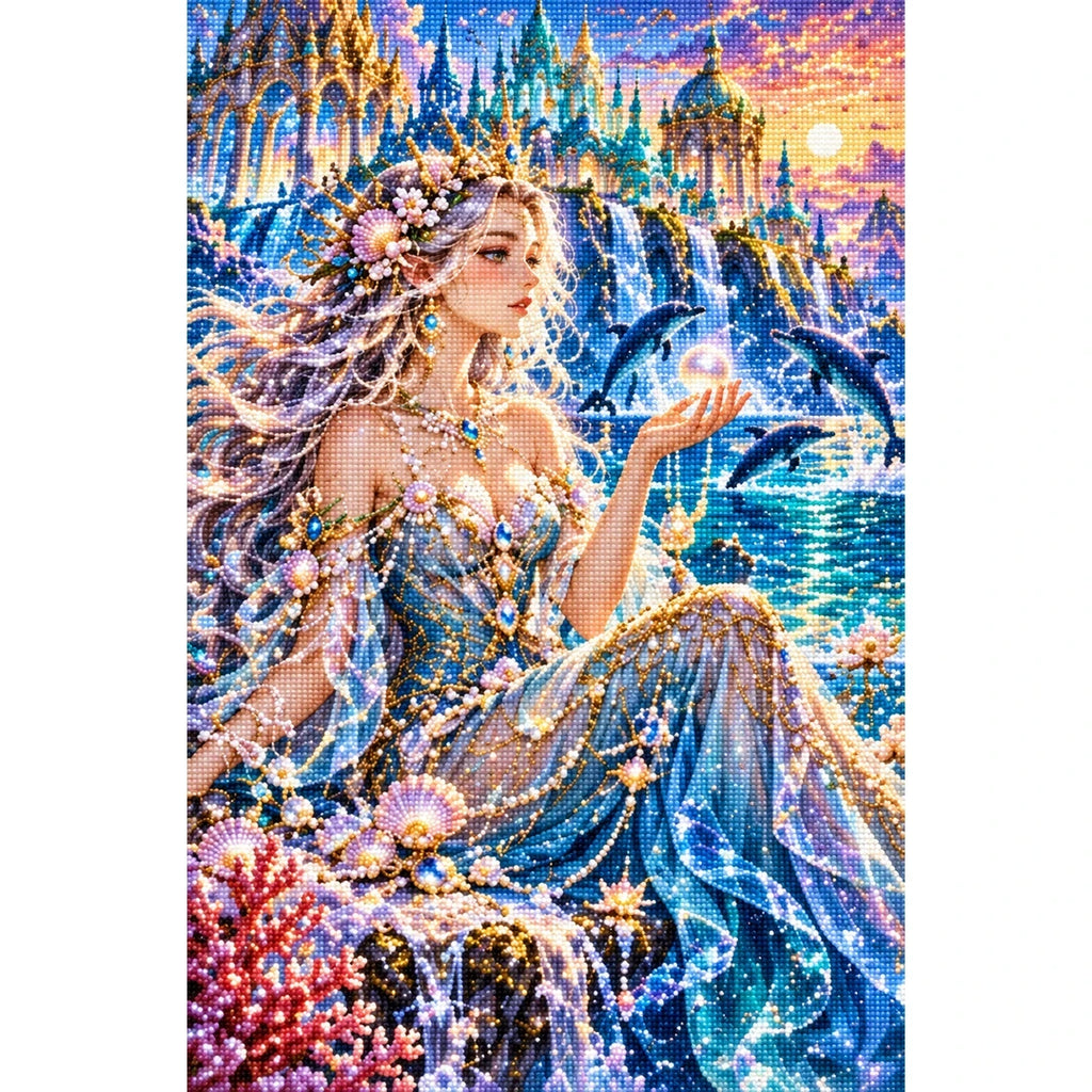 Ocean Goddess Pearl Palace finished diamond painting on white