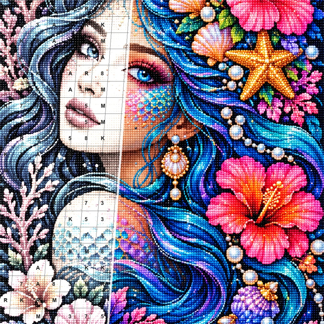 Ocean Hibiscus Mermaid Diamond Painting Kit — Diamond and canvas detail