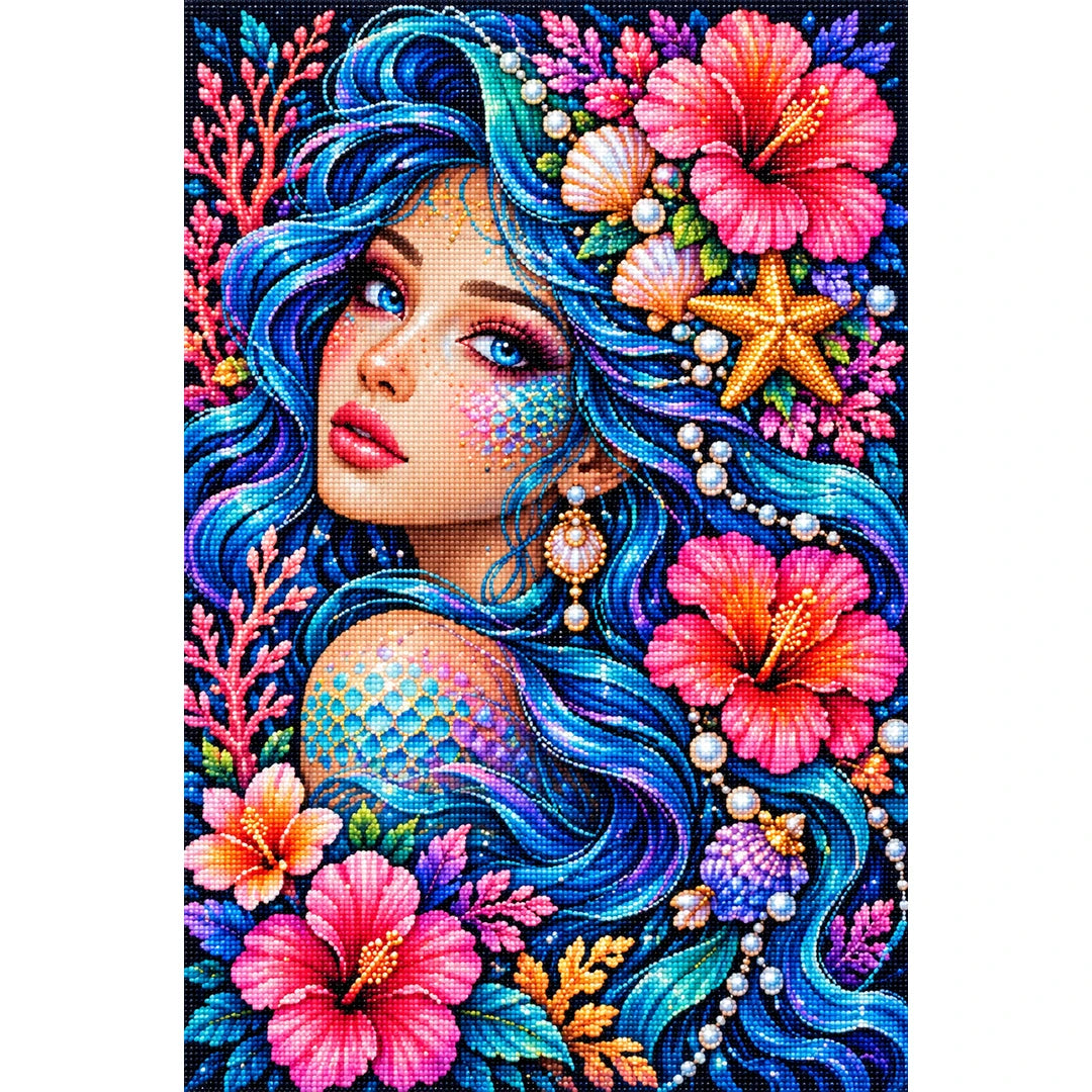 Ocean Hibiscus Mermaid Diamond Painting Kit — Finished white-background diamond painting