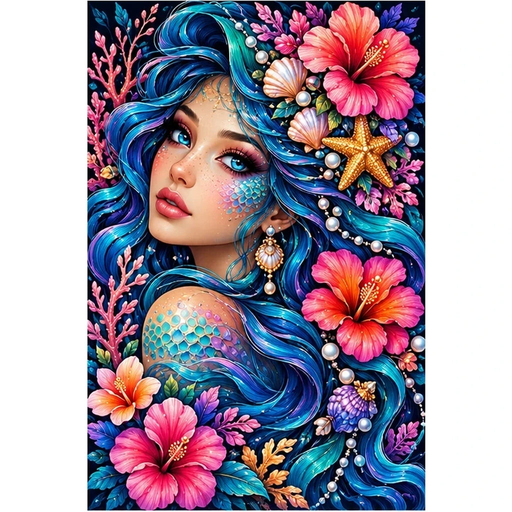 Ocean Hibiscus Mermaid Diamond Painting Kit — original white-background artwork