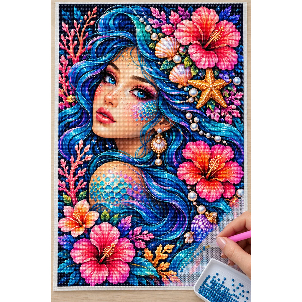 Ocean Hibiscus Mermaid Diamond Painting Kit — Diamond painting process