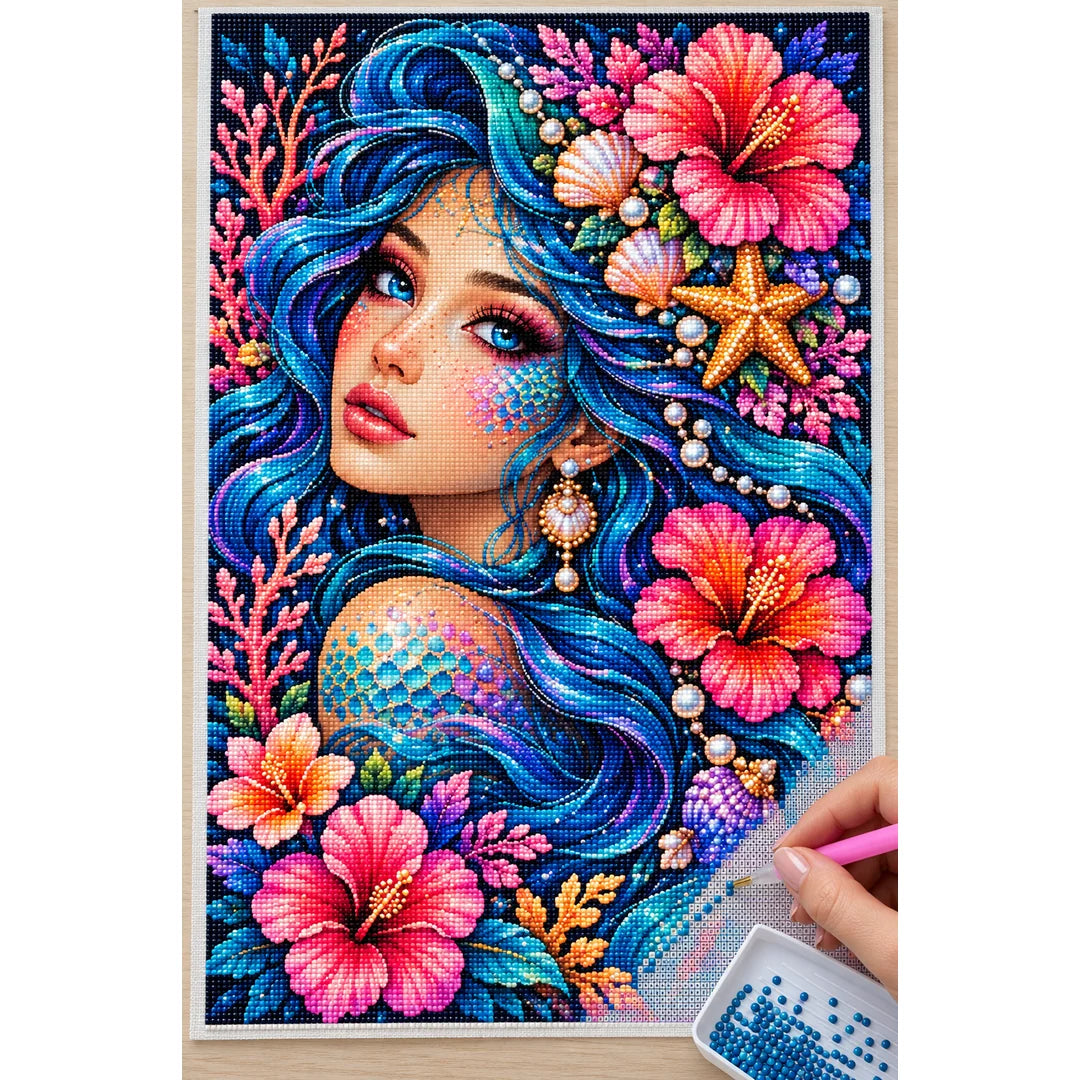 Ocean Hibiscus Mermaid Diamond Painting Kit — Diamond painting process