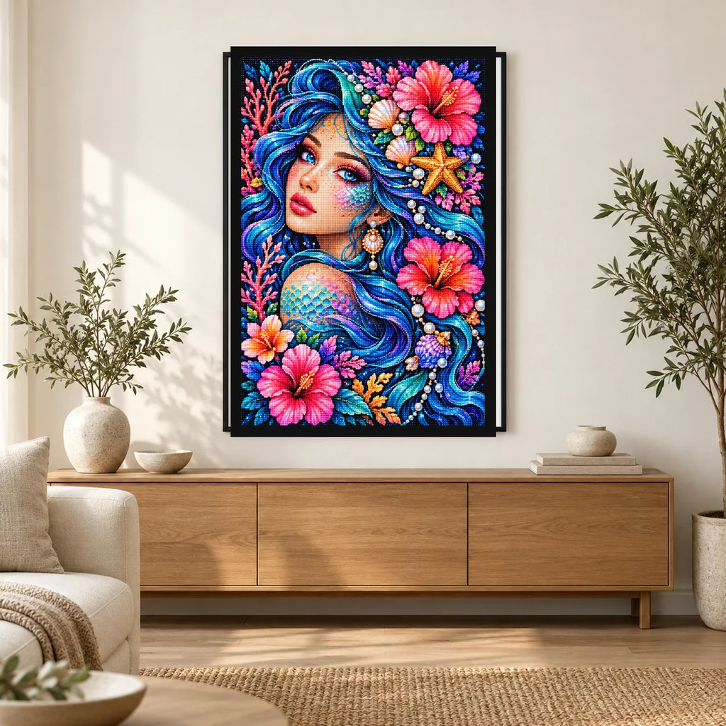 Ocean Hibiscus Mermaid Diamond Painting Kit — Home decor scene