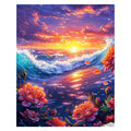 White-background original artwork of a glowing ocean sunset, rolling waves, and roses