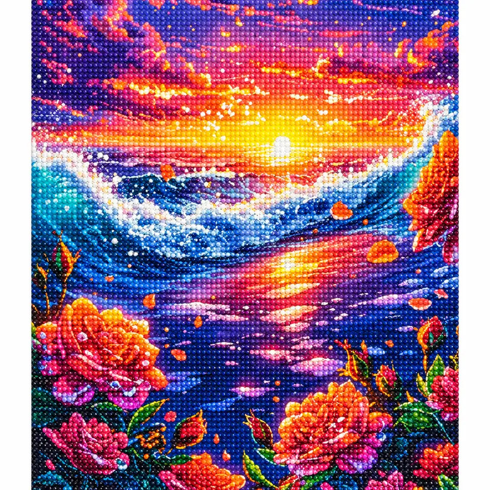 White-background finished diamond painting of ocean waves beneath a colorful sunset with roses
