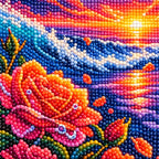 Close-up diamond drill detail of sunset reflections, ocean waves, and rose petals
