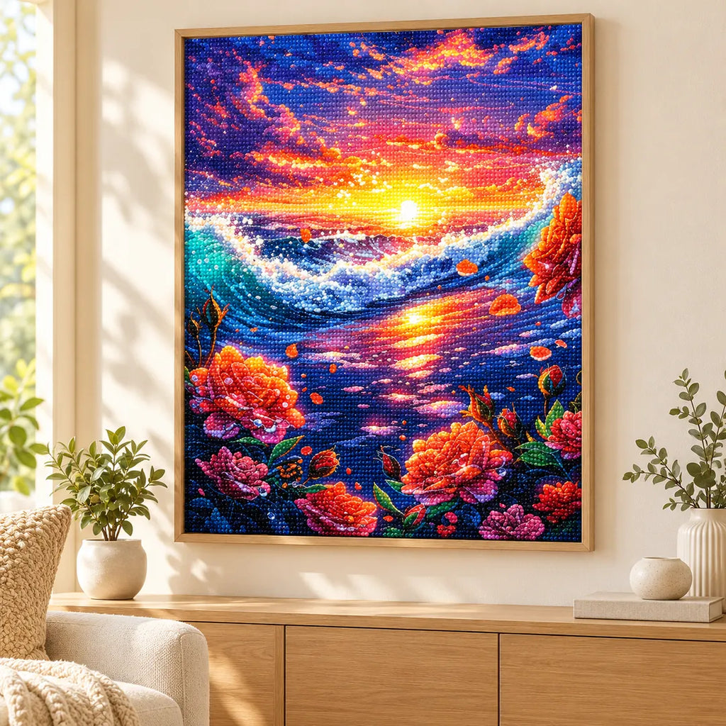 Framed ocean sunset and roses diamond painting displayed as home decor