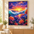 Framed ocean sunset and roses diamond painting displayed as home decor