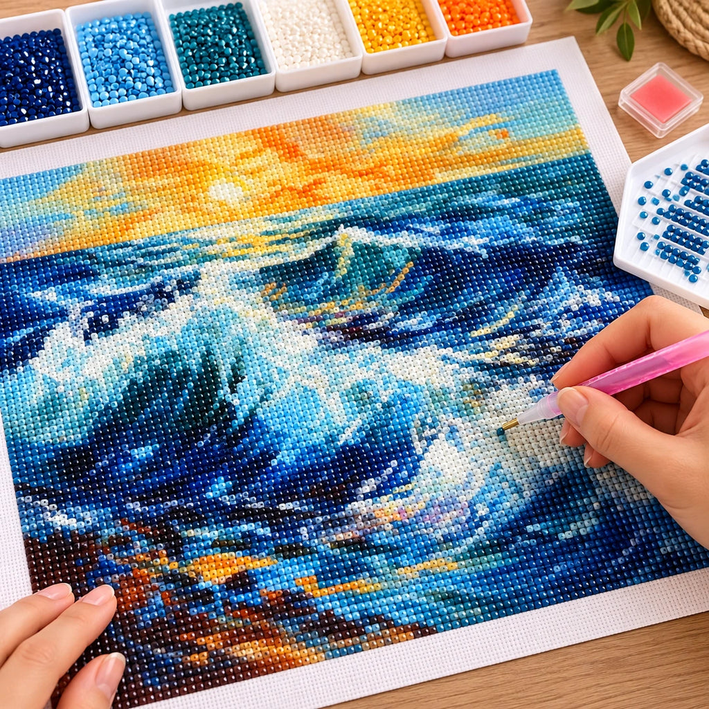Ocean Wave Sunset Diamond Painting Kit diamond painting process