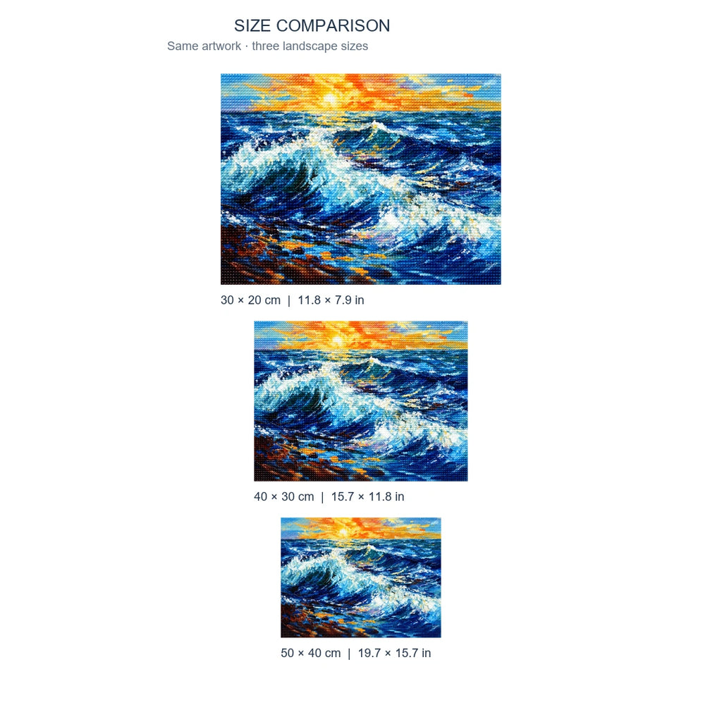 Ocean Wave Sunset Diamond Painting Kit diamond painting landscape size comparison