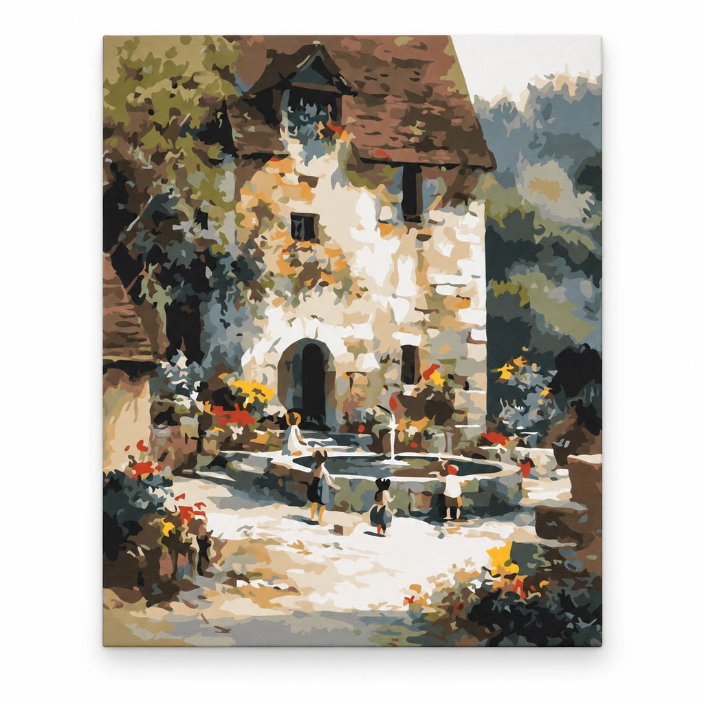 Old Stone Cottage Courtyard paint by numbers artwork on a front-facing canvas against a white background
