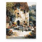Old Stone Cottage Courtyard paint by numbers artwork on a front-facing canvas against a white background