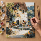 Complete Old Stone Cottage Courtyard numbered canvas being painted with acrylic paints and brushes