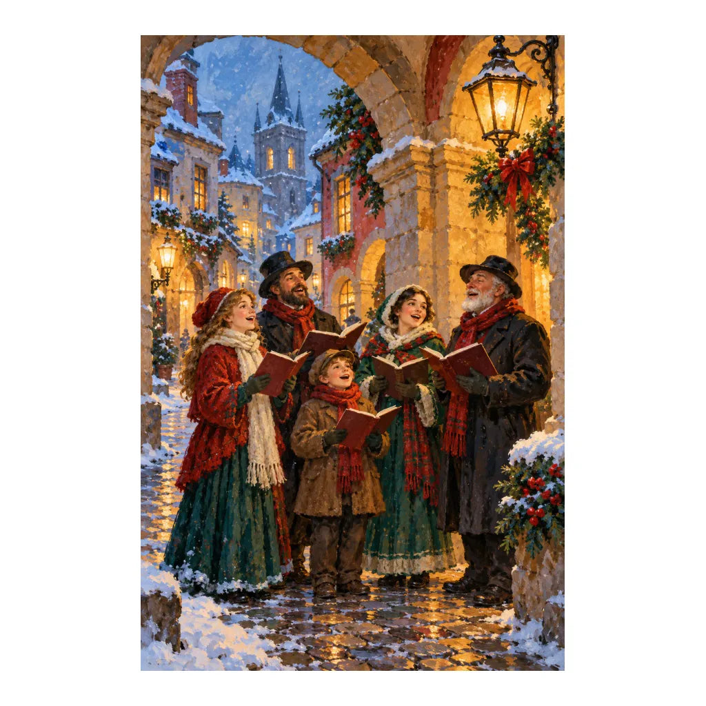 White-background original artwork of Christmas carolers singing beneath lanterns on a snowy old-town street for a diamond painting kit