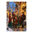 White-background original artwork of Christmas carolers singing beneath lanterns on a snowy old-town street for a diamond painting kit