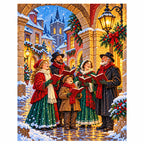 White-background finished diamond painting of Christmas carolers singing beneath lanterns on a snowy old-town street with sparkling drills