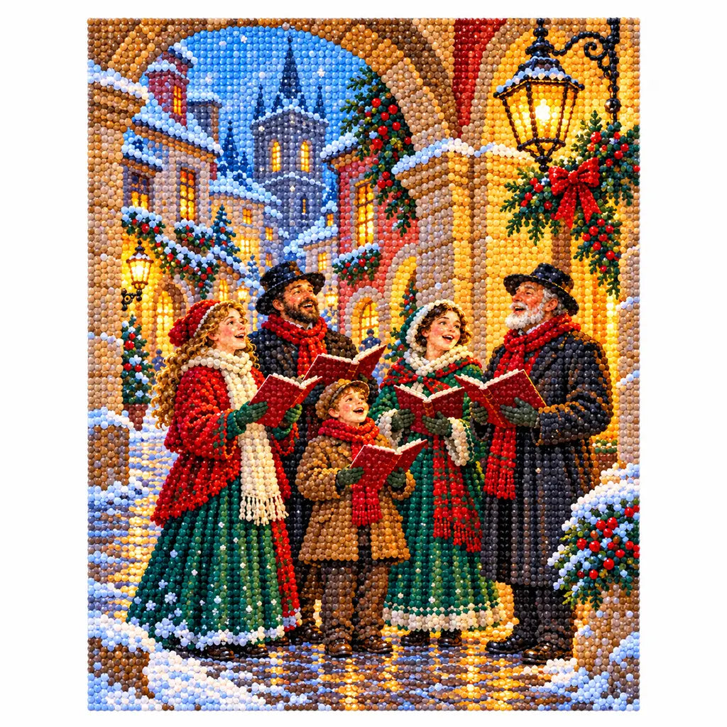 White-background finished diamond painting of Christmas carolers singing beneath lanterns on a snowy old-town street with sparkling drills