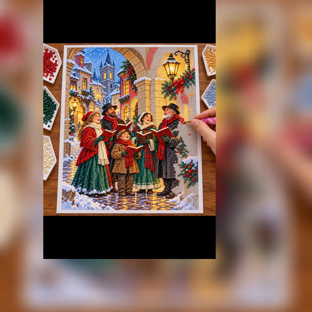 Diamond painting process showing Christmas carolers singing beneath lanterns on a snowy old-town street being completed with a stylus