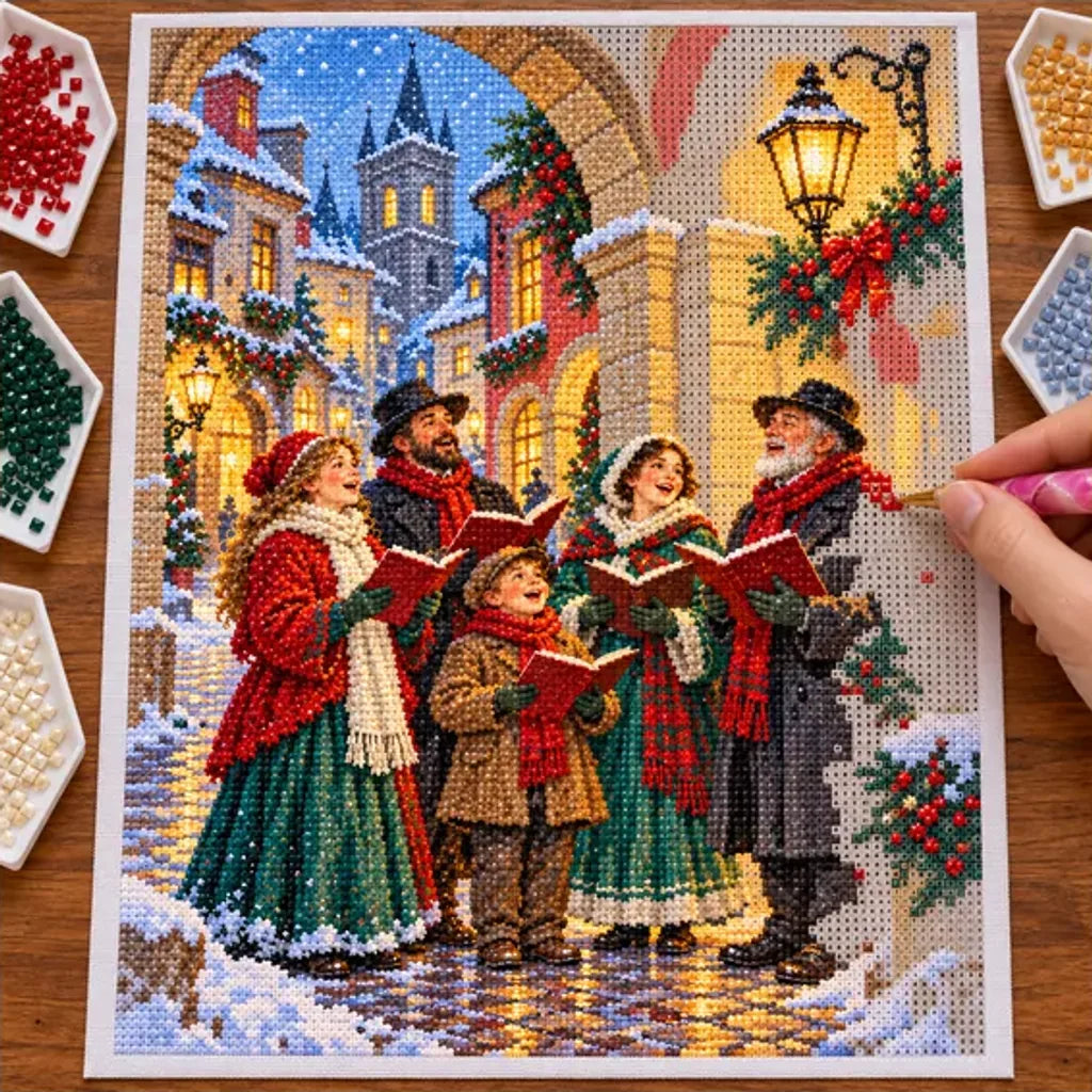 Diamond painting process showing Christmas carolers singing beneath lanterns on a snowy old-town street being completed with a stylus