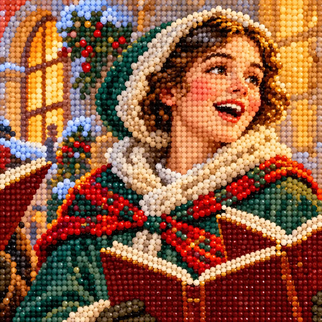 Close-up diamond drill detail of Christmas carolers singing beneath lanterns on a snowy old-town street artwork