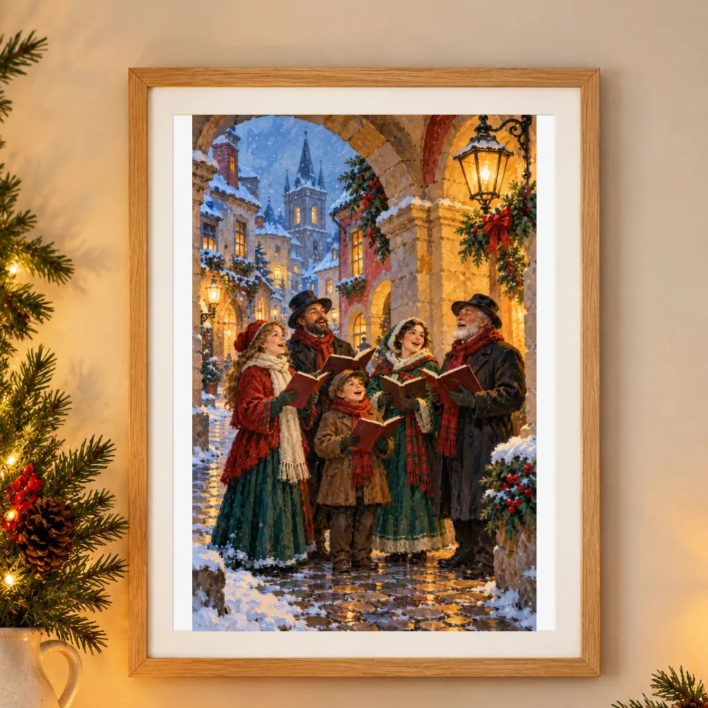 Framed Christmas carolers singing beneath lanterns on a snowy old-town street diamond painting displayed as home decor