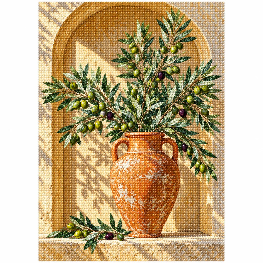 Olive branches with green and purple olives in a terracotta urn inside a sunlit arched niche: finished diamond painting on a clean white background