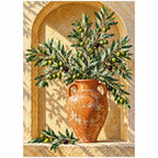 Olive branches with green and purple olives in a terracotta urn inside a sunlit arched niche: finished diamond painting on a clean white background