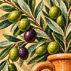 Olive branches with green and purple olives in a terracotta urn inside a sunlit arched niche: close-up of the diamond drills