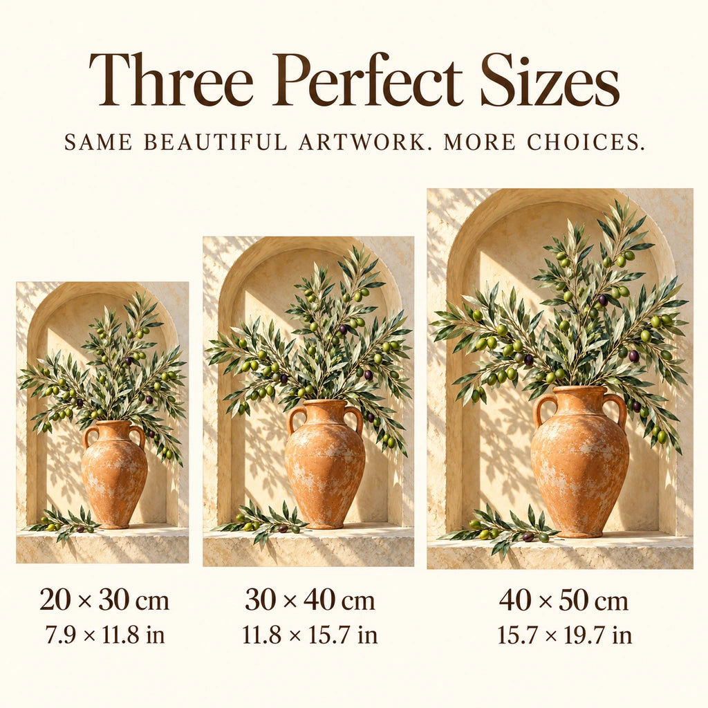 Olive branches with green and purple olives in a terracotta urn inside a sunlit arched niche: three available size guide