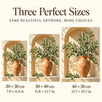 Olive branches with green and purple olives in a terracotta urn inside a sunlit arched niche: three available size guide