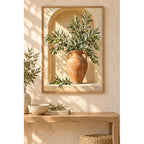 Olive branches with green and purple olives in a terracotta urn inside a sunlit arched niche: displayed as home wall decor
