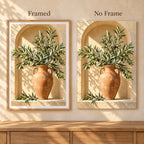 Olive branches with green and purple olives in a terracotta urn inside a sunlit arched niche: framed and no-frame style comparison
